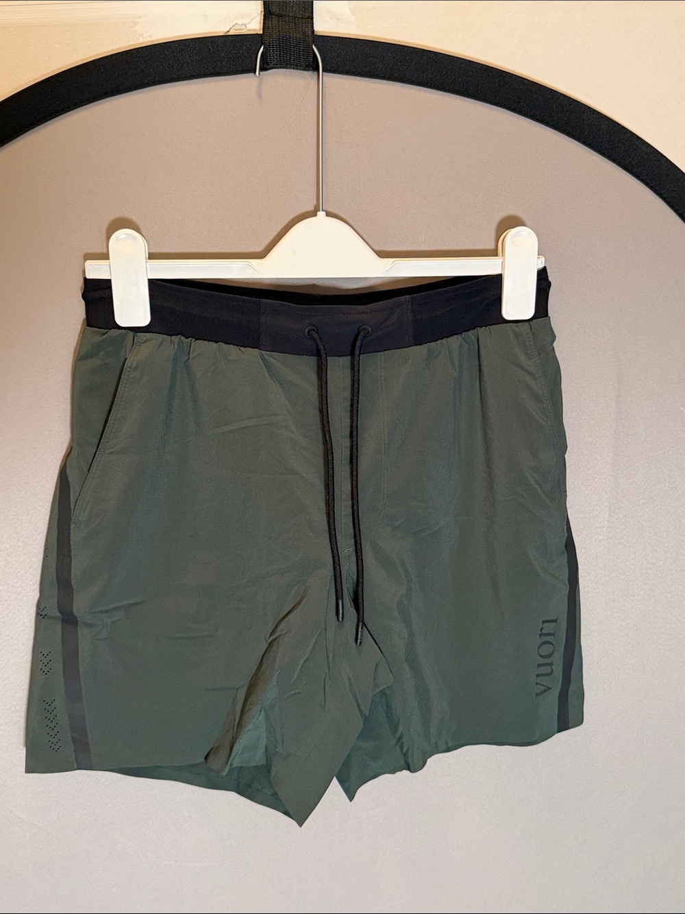 Vuori Men's Olive Athletic Shorts with Black Waistband
